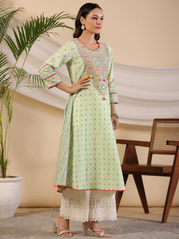 Jashvi The Banjara Pure Cotton Sage Green Tribal Print Kurta With Contrast Bead Sequin Kaudis & Tassels