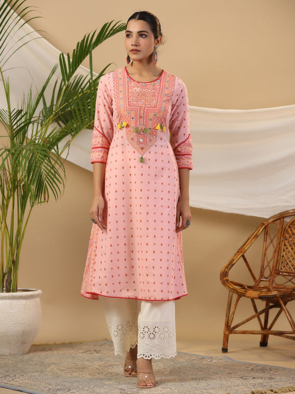 Jashvi Pink Tribal Printed Pure Cotton Kurta With Beads & Sequins Work