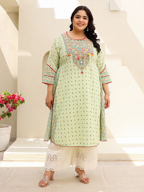 Jashvi Pure Cotton Sage Green Tribal Multicolour Printed Plus Size A-Line Kurta With Contrast Beads Sequins Kaudis & Tassels