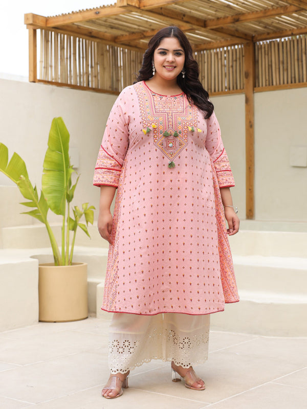 Jashvi Pure Cotton Pink Tribal Multicolour Printed Plus Size A-Line Kurta With Contrast Beads Sequins Kaudis & Tassels