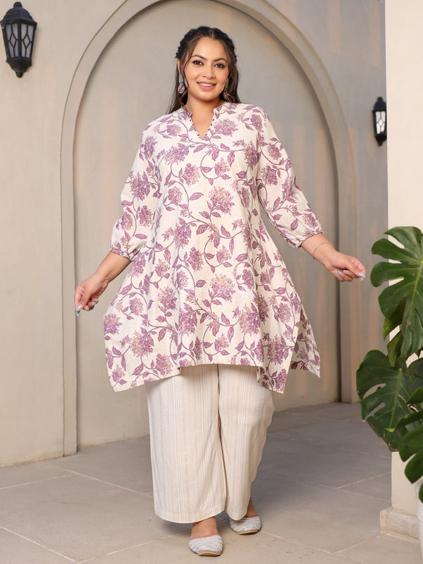 Jashvi Lavender Floral Printed & Asymmetric Cotton Flex Plus Size Kurta With Beads & Sequins