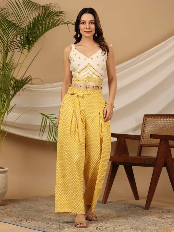 Jashvi Mustard Ethnic Motif Printed Cotton Flex Crop top & Palazzos with Mirror Work Embroidery