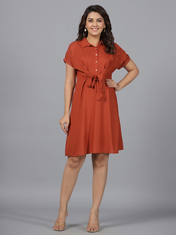 Jashvi Rust Solid A-Lined Rayon Dress With Contrast Buttons & Front Tie Ups