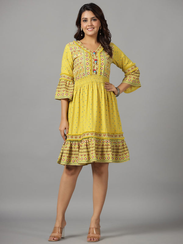 Jashvi Lime Green Geometric Printed Rayon Staple Dress With Lace work