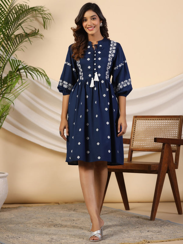 Jashvi Rayon Blue Cross Stitched Embroidered Short Dress With Dori Tie Ups & Tassels