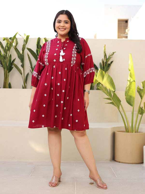 Jashvi Rayon Wine Cross Stitched Embroidered Plus Size Short Dress With Dori Tie Ups & Tassels