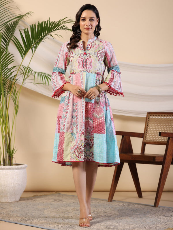 Jashvi Multi-Colour Ethnic Motif Printed Pure Cotton Midi Dress With Sequined Work