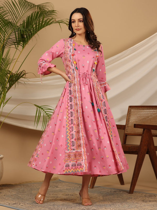 Jashvi The Banjara Pink Rayon Ethnic Motif Printed Layered Maxi Dress With 3D Handwork & Tie-Ups