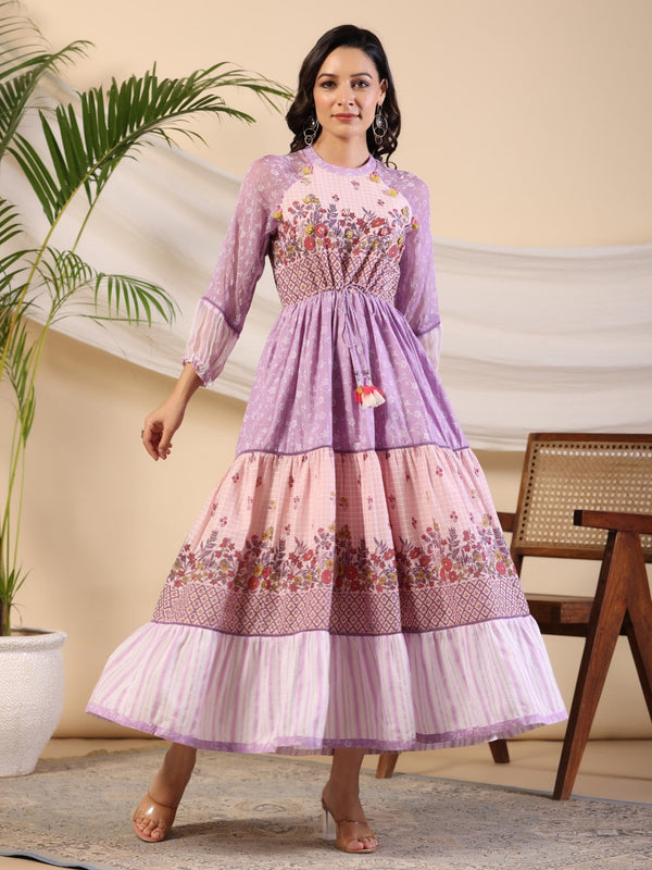 Jashvi Purple Wonderland Cotton & Chiffon Floral Printed Tiered Maxi Dress With Lace & 3D Handwork