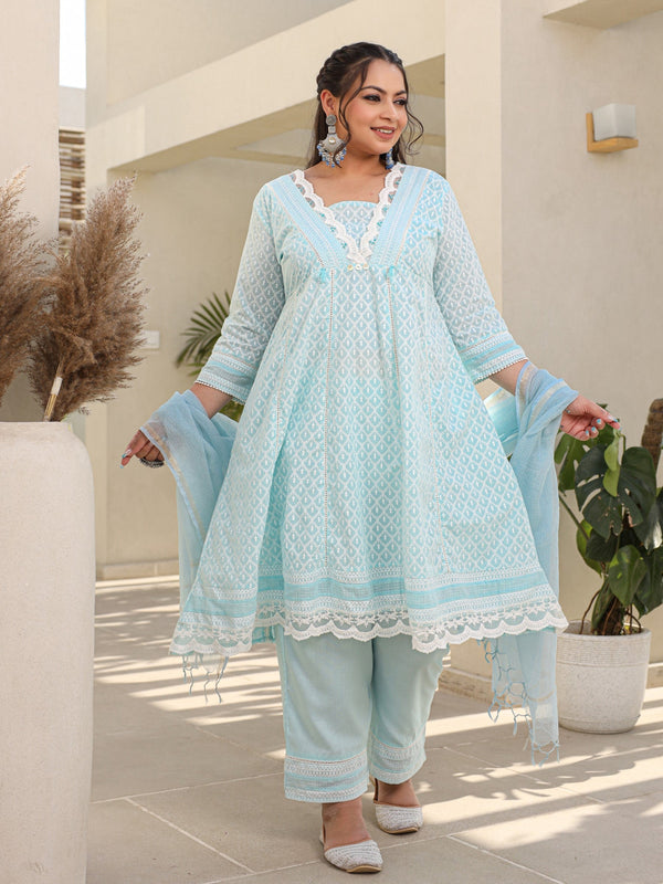 Jashvi The Rooh Sky Blue Ethnic Motif Printed & Laced Pure Cotton Plus Size Anarkali Kurta Pants & Dupatta Set With Tassels Sequins & Buttons