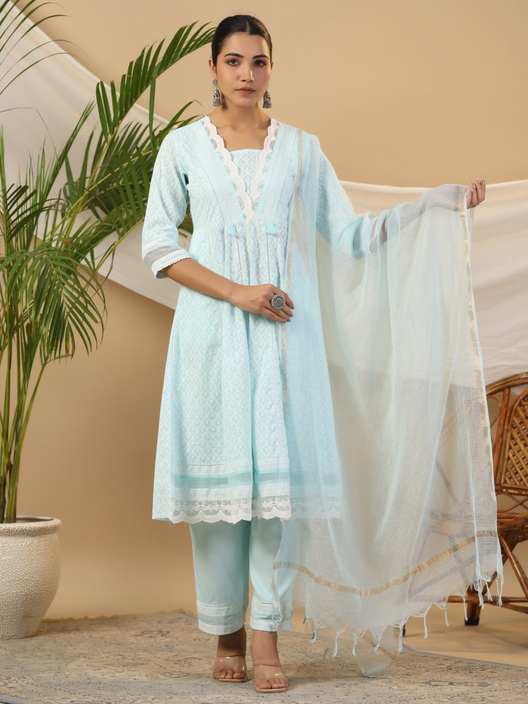 Women's Sky Blue Cotton Cambric & Rayon Printed Anarkali Kurta Set - Juniper