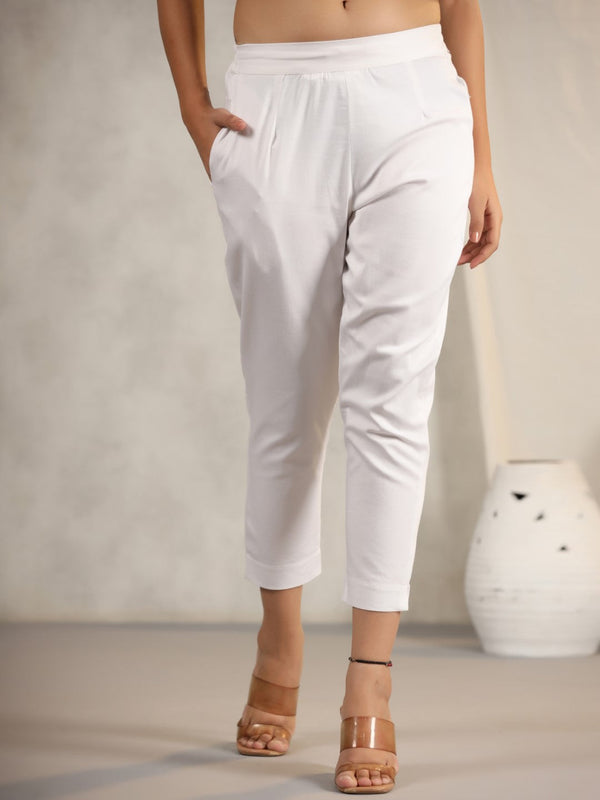 Jashvi White Cotton Lycra Pants For Women With Partially Elasticated Waistband