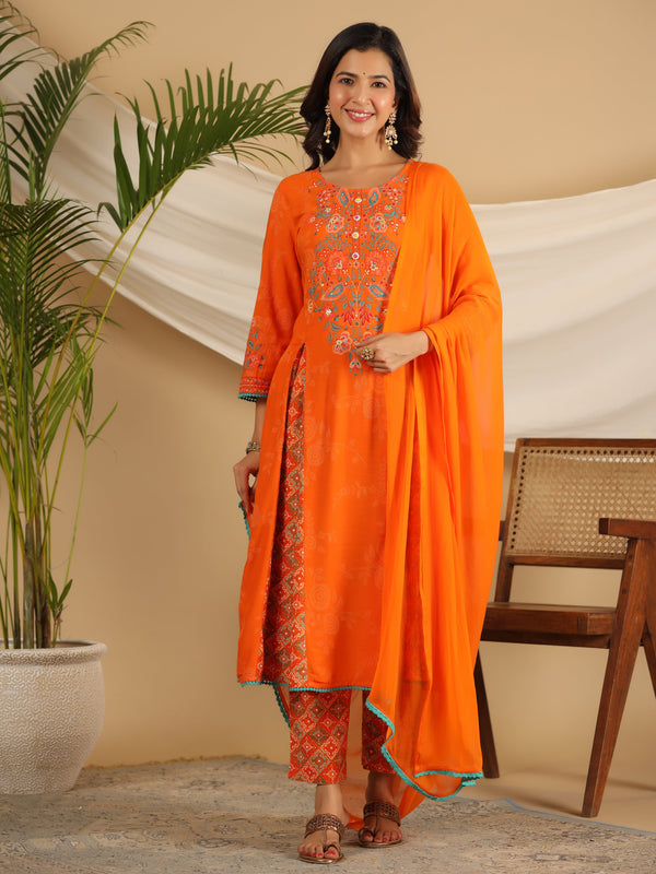 Jashvi The Ornamental Bloom Orange Floral Print Kalidar Rayon Slub Kurta Pant & Dupatta Set With 3D Beads