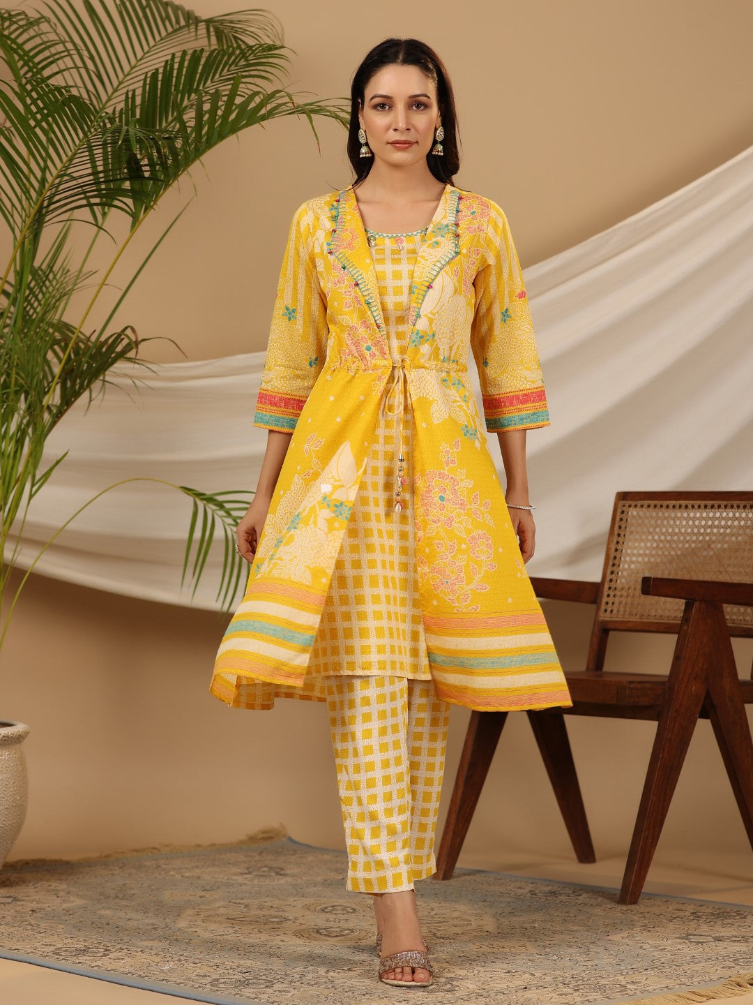 Women's Yellow Nylon Dobby Printed A-Line Kurta & Pants Set - Juniper