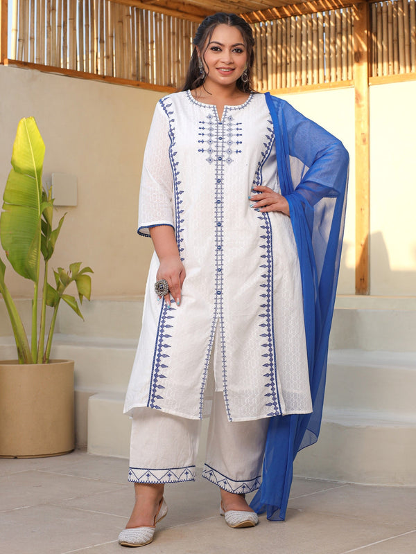 Jashvi White & Blue Cross Stitch Embroidered Cotton Dobby Plus Size Kurta Palazzo & Dupatta Set With Lace & Fabric Bottons