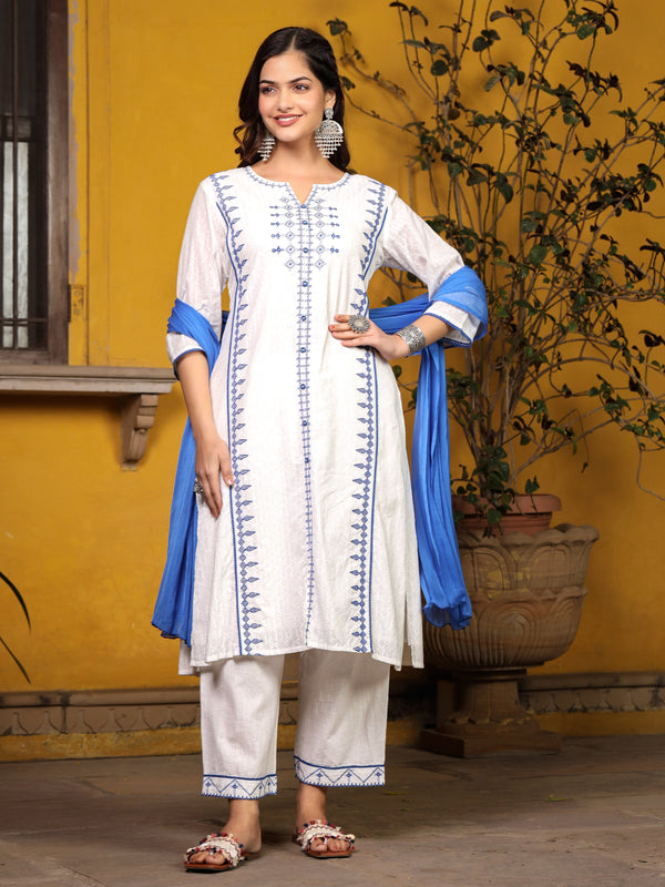 Jashvi White & Blue Cross Stitch Embroidered Cotton Dobby Kurta With Pant & Dupatta Set With Lace & Button