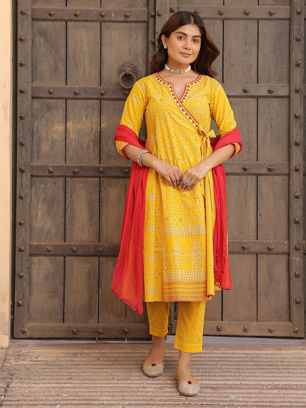 Jashvi Mustard Bandhani Print Angrakha Cotton Kurta With Pants & Dupatta Set With Mirror Work Embroidery