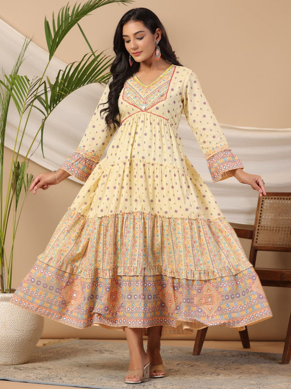 Jashvi Ivory Tribal Printed Pure Cotton Alia Cut Dress With Beads Work