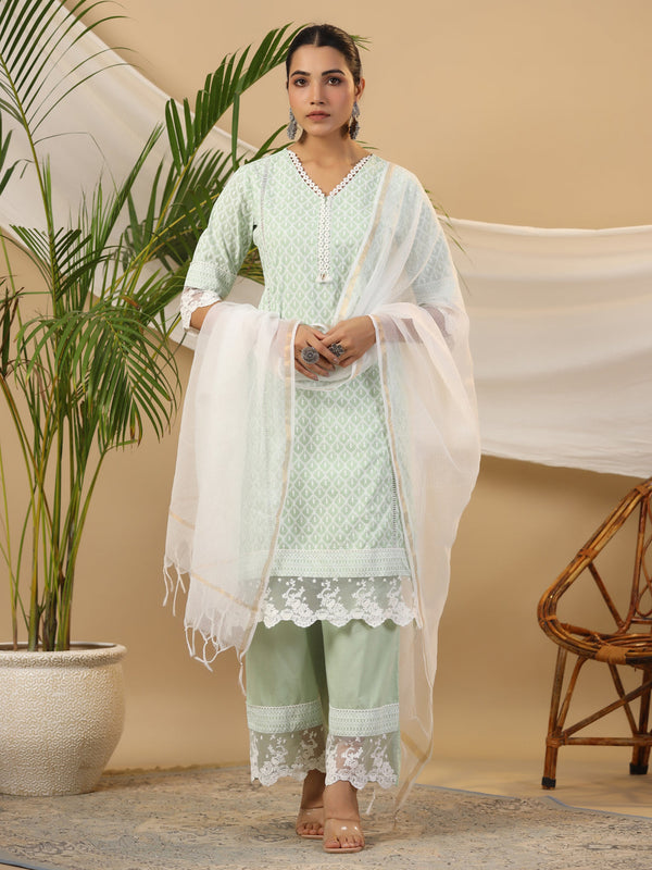 Jashvi The Rooh Mint Ethnic Print & Lacy Pure Cotton Kurta & Palazzo Set With Lining & Kota Doria Dupatta