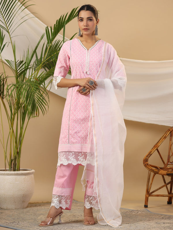 Jashvi The Rooh Pink Ethnic Print & Lacy Pure Cotton Kurta & Palazzo Set With Lining & Kota Doria Dupatta