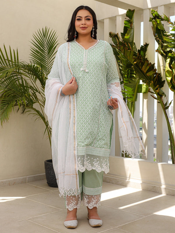 Jashvi The Rooh Mint Ethnic Printed & Laced Pure Cotton Plus Size Kurta Palazzo & Dupatta Set With Lining & Kota Doria Dupatta