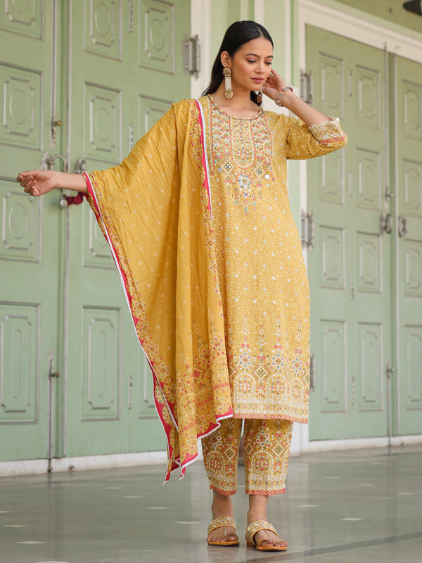 Jashvi The Banjara Mustard Geometric Print Pure Cotton Kurta With Pant & Dupatta With Bead Sequin & Coin