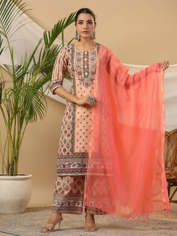 Jashvi Peach Ethnic Motif Printed Pure Cotton Kurta Palazzos & Kota Doria Dupatta With Beads & Sequins