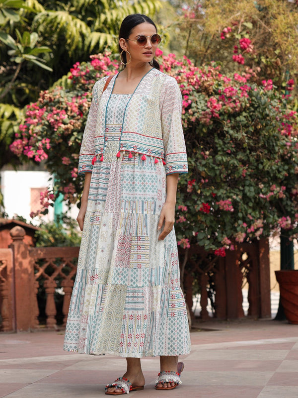 Jashvi Ivory Patch Printed Pure Cotton Lacy Dress With Shrug