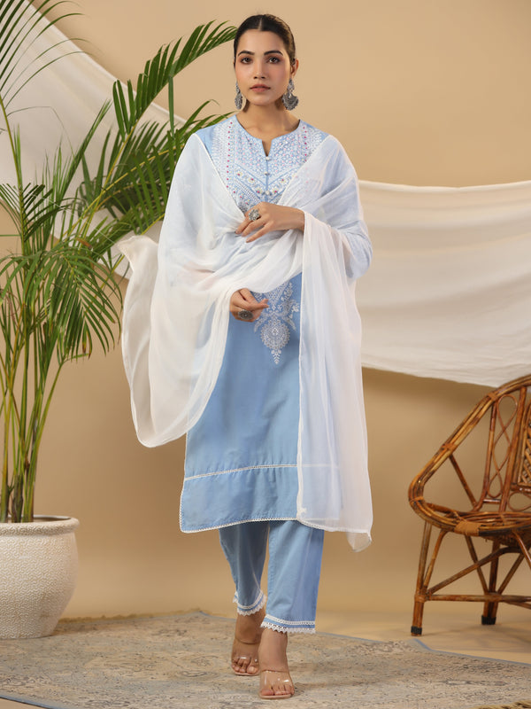 Jashvi The Rooh Pure Cotton Blue Ethnic Motif Print Kurta With Pants & Dupatta Set With Bead & Sequin Work