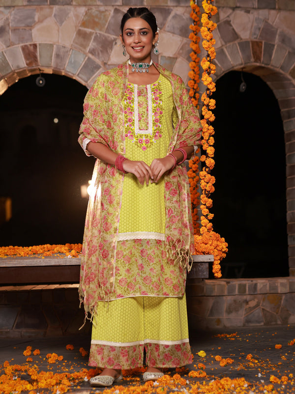 Jashvi The Madhubala Green Floral Print & Lacy Pure Cotton Kurta&Palazzo Set With Kota Doria Print Dupatta