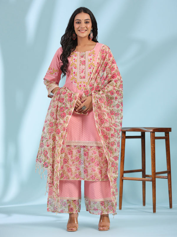 Jashvi Pink Floral Printed & Laced Pure Cotton Kurta Palazzo Set With Printed Kota Doria Dupatta (3-Pcs)