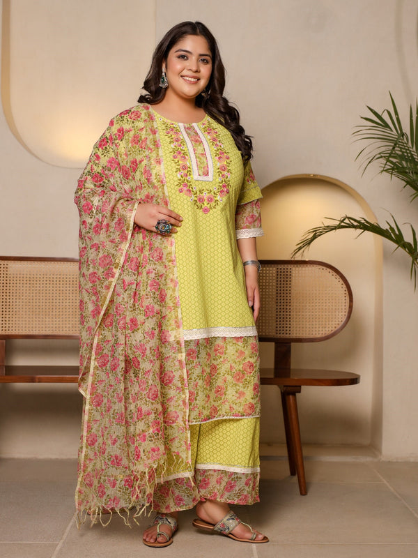 Jashvi The Madhuabala Lime Green Floral Printed & Laced Pure Cotton Plus Size Kurta Palazzo & Dupatta Set With Printed Kota Doria Dupatta