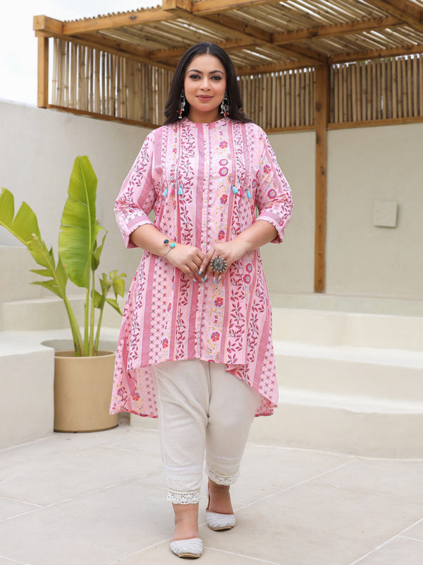 Jashvi Pink Floral Printed Cotton Cambric High-Low Plus Size Kurta With Sequins & Pintucks At Front