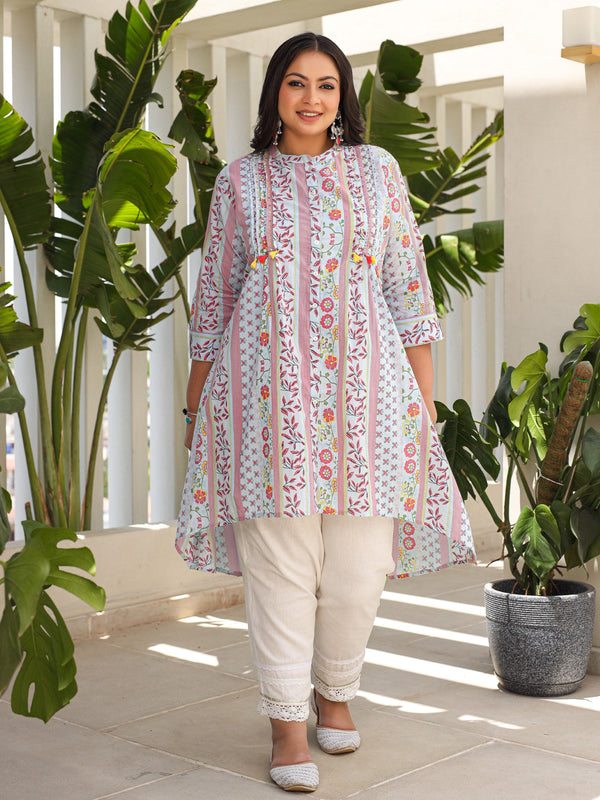 Jashvi Sky Blue Floral Printed Cotton Cambric High-Low Plus Size Kurta With Sequins & Pintucks At Front