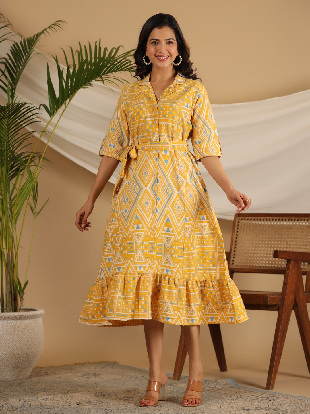 Women's Mustard Cotton Flex Printed Shirt Dress - Juniper