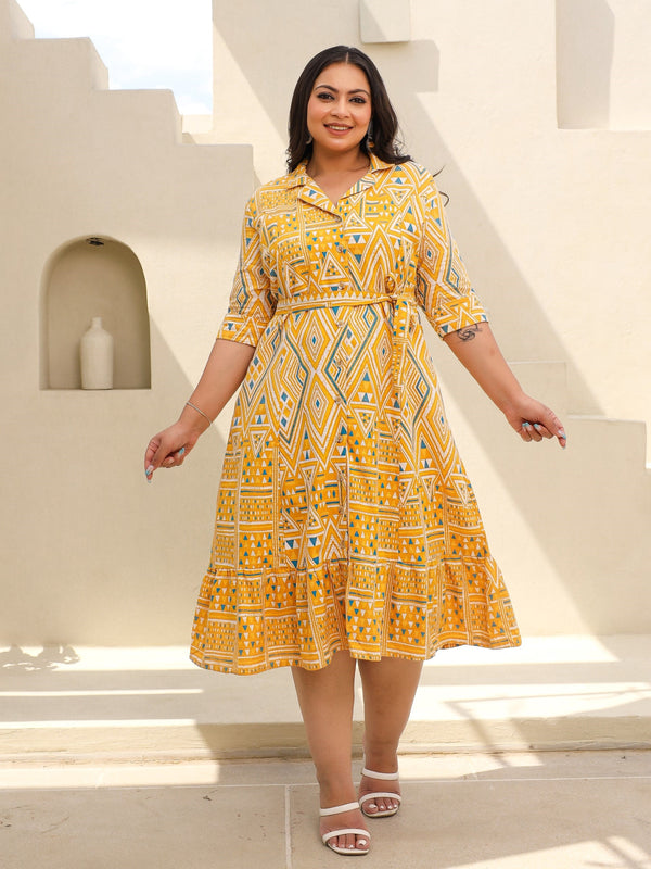 Jashvi Mustard Geometric Printed & Panelled Cotton Flex Plus Size Shirt Dress With Fabric Belt