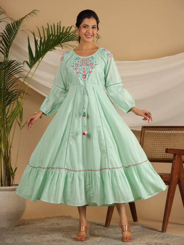 Jashvi Green Floral Embroidered Cotton Dobby Tiered Maxi Dress With Kaudis & Colourful Tassels