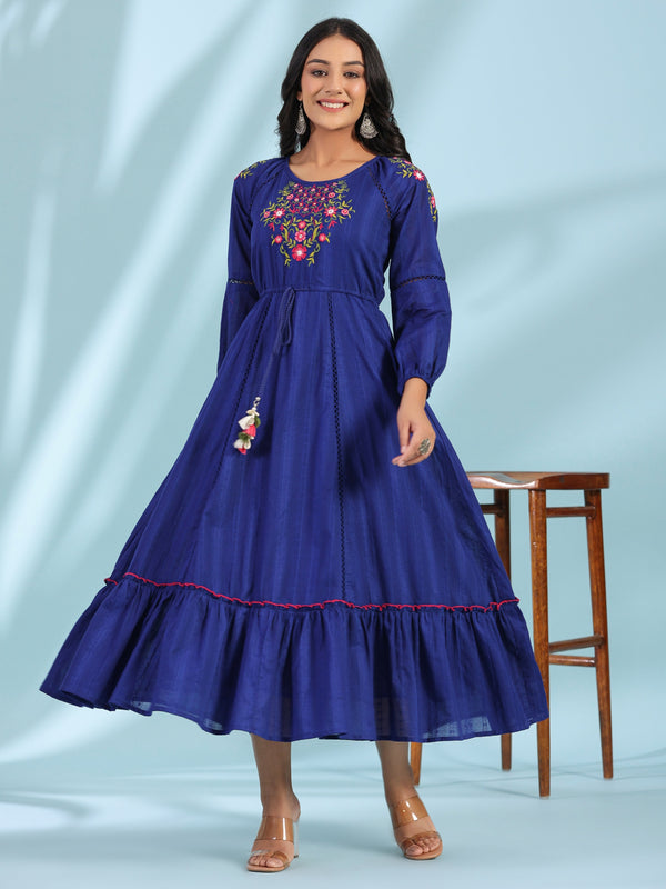 Jashvi Indigo Floral Embroidered Cotton Dobby Tiered Maxi Dress With Kaudis & Colourful Tassels