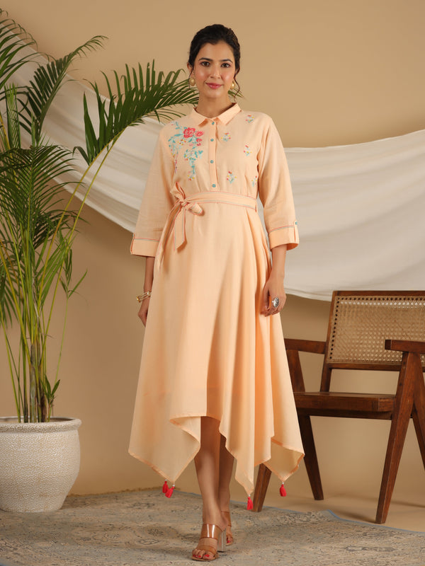 Jashvi Peach Fit & Flare Belted Asymmetrical Maxi Dress With Floral Thread Embroidery