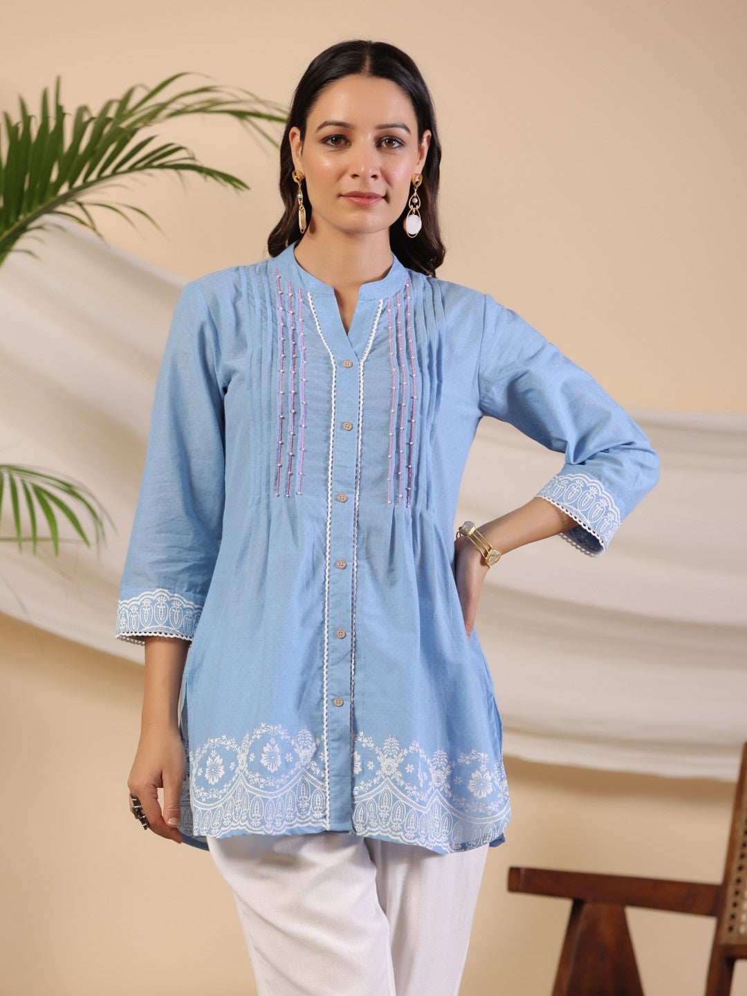 Women's Powder Blue Cotton Cambric Printed Tunic - Juniper