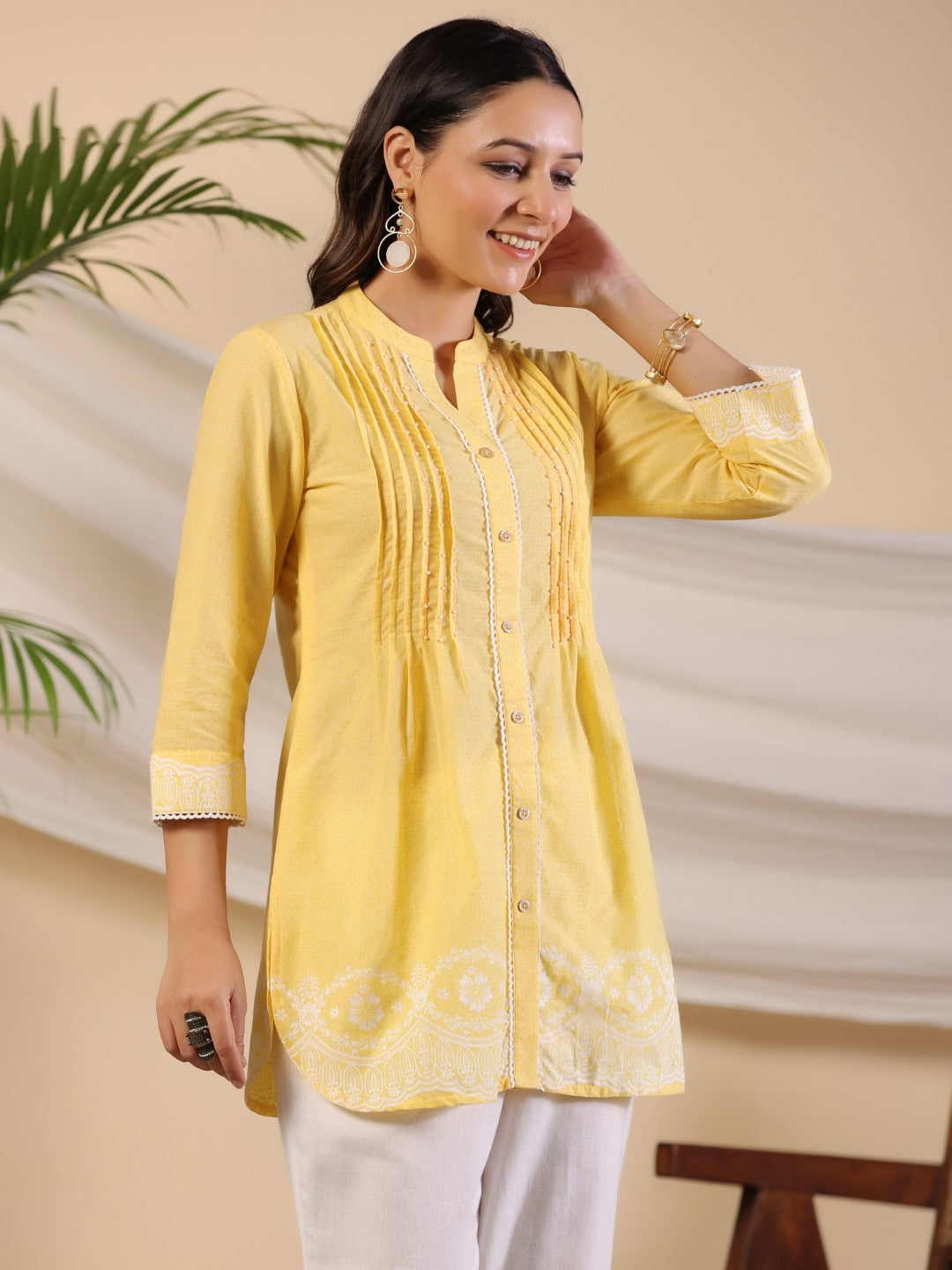 Women's Yellow Cotton Cambric Printed Tunic - Juniper