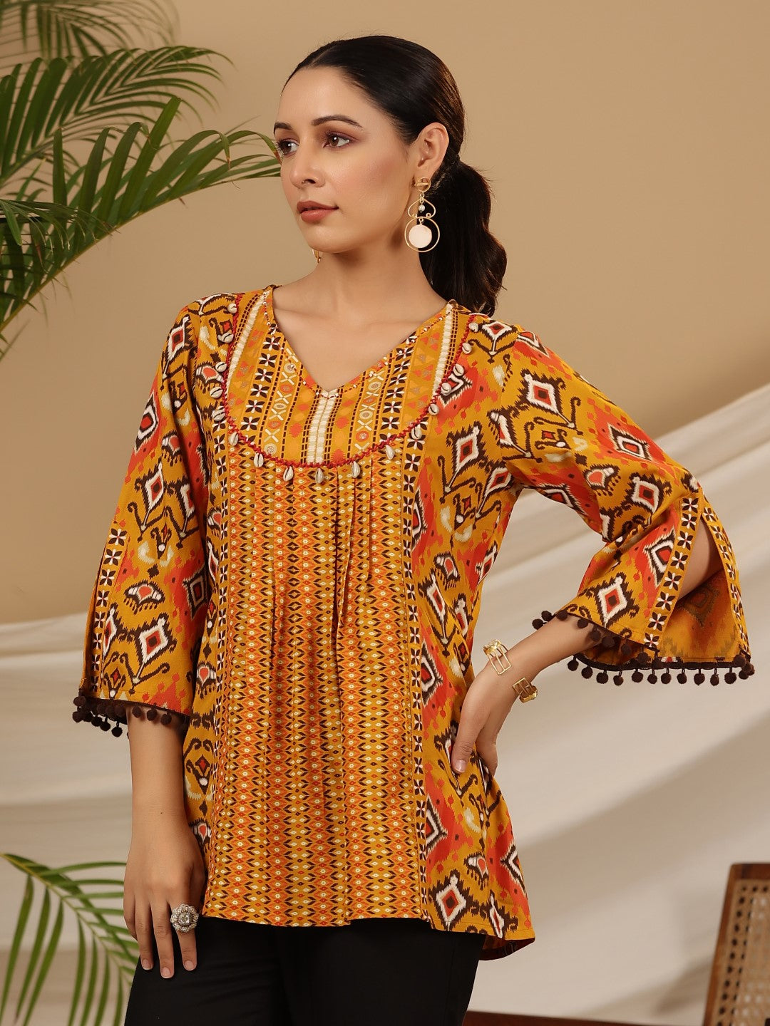 Women's Mustard Rayon Ikat Printed Tunic - Juniper