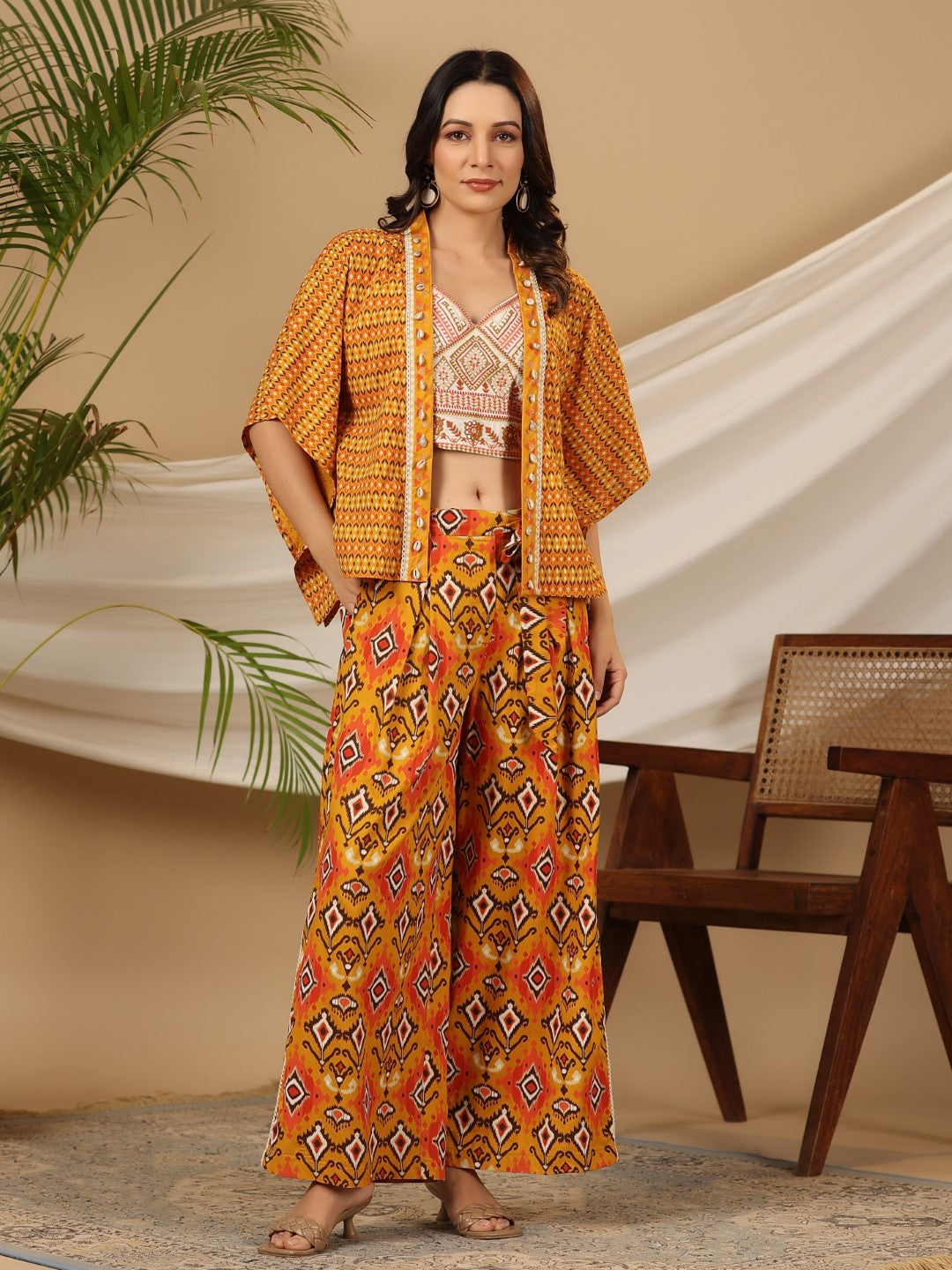 Women's Mustard Rayon & Flex Printed With Embroidered Clothing Set - Juniper