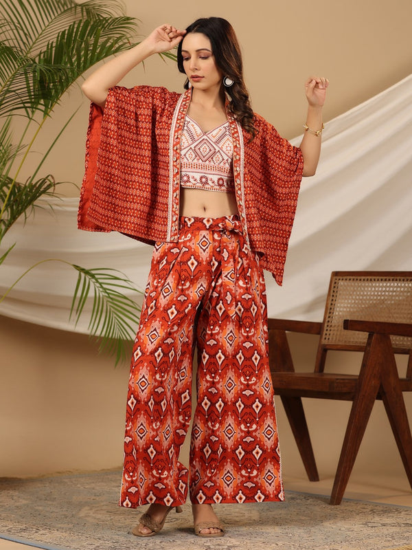 Jashvi Rust Ikat Printed Rayon Crop Top Palazzos & Jacket with Thread Work