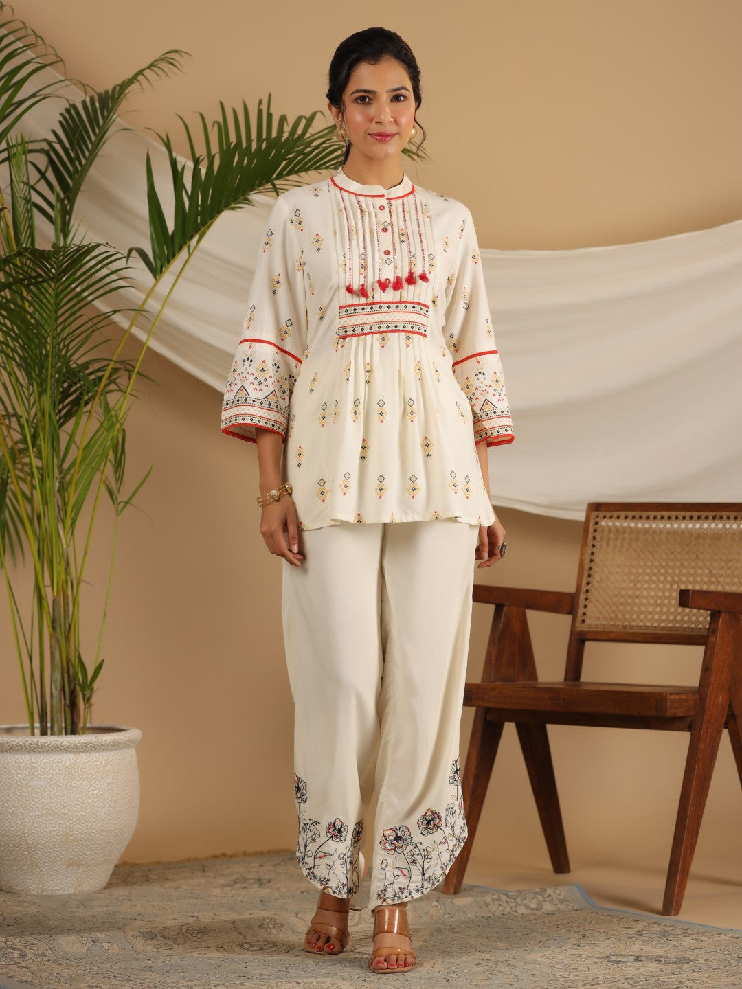 Women's Ivory Rayon Print With Embroidery Clothing Set - Juniper