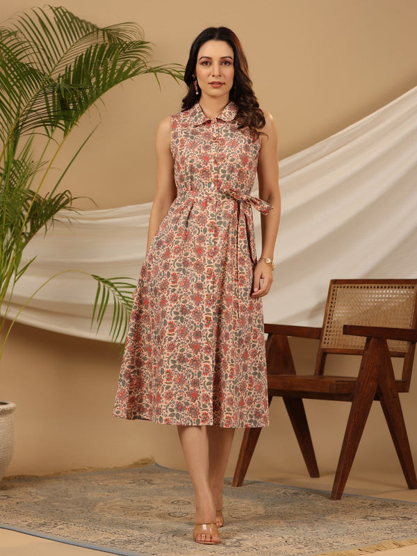 Jashvi Peach Floral Printed Pure Cotton A-line Dress