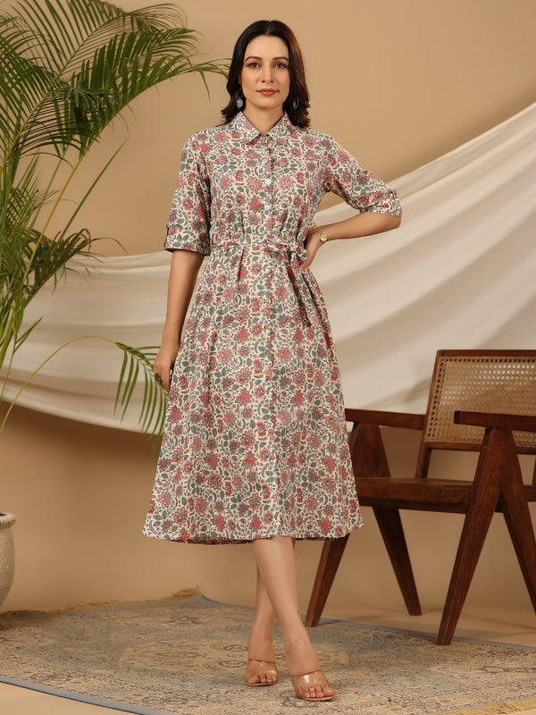 Jashvi Ivory Floral Printed Pure Cotton A-line Dress & Belt With Beads & Sequins Work