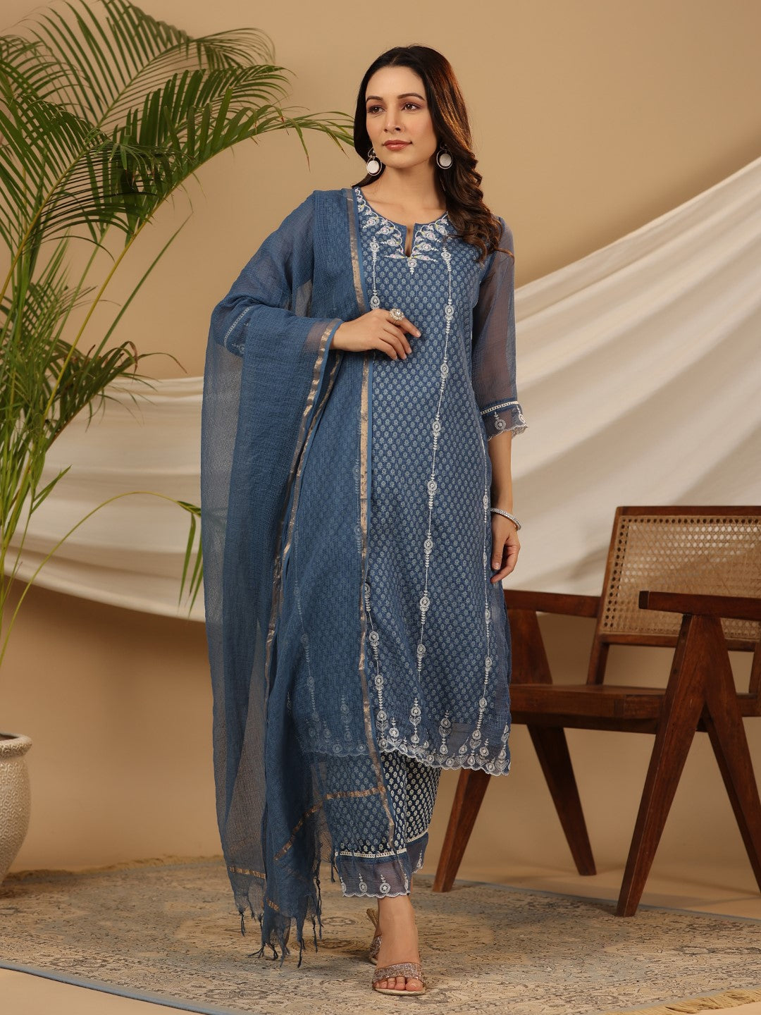 Women's Blue Cotton Cambric & Kota Doria Printed With Embroidered Kurta Set - Juniper