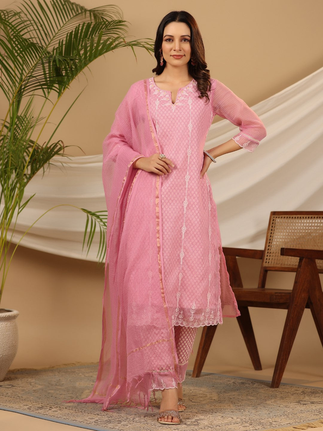 Women's Pink Cotton Cambric & Kota Doria Printed With Embroidered Kurta Set - Juniper