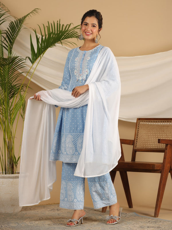 Jashvi Pure Cotton Powder Blue Ethnic Motif Printed Kurta Palazzo With Dupatta Set With Thread Embroidery